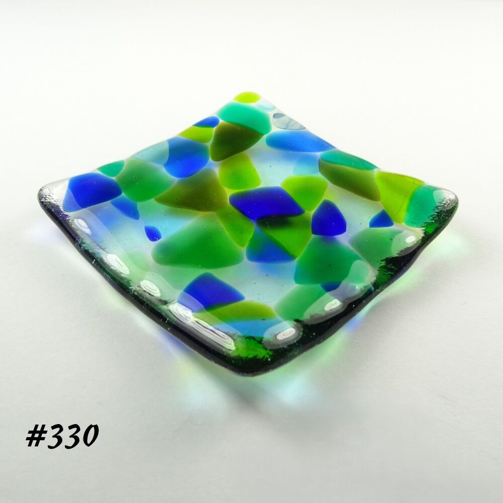 Blue & green mosaic fused glass small shallow trinket ring earring dish, tea light holder or ornament to display - 6.5cm square (#330)