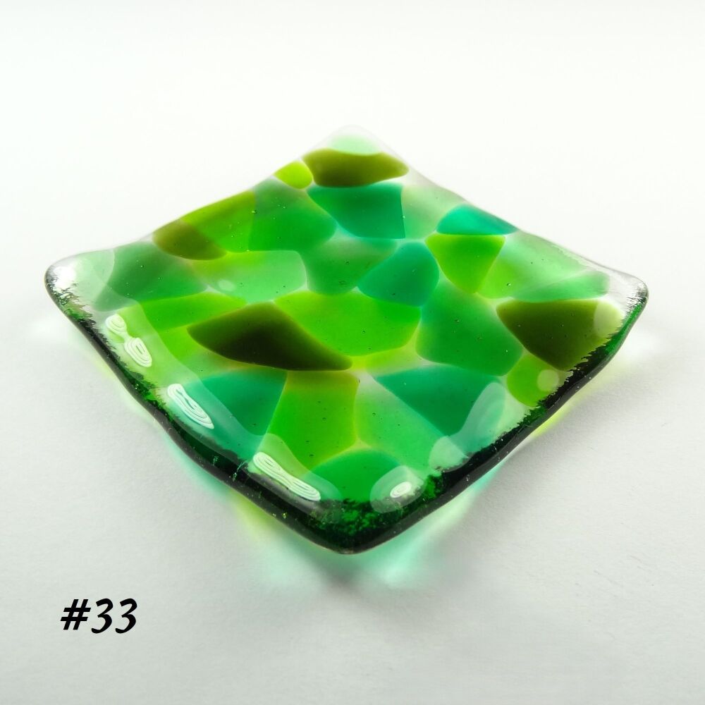 Green mosaic fused glass small shallow trinket ring earring dish, tea light holder or ornament to display - 6.5cm square (#33)