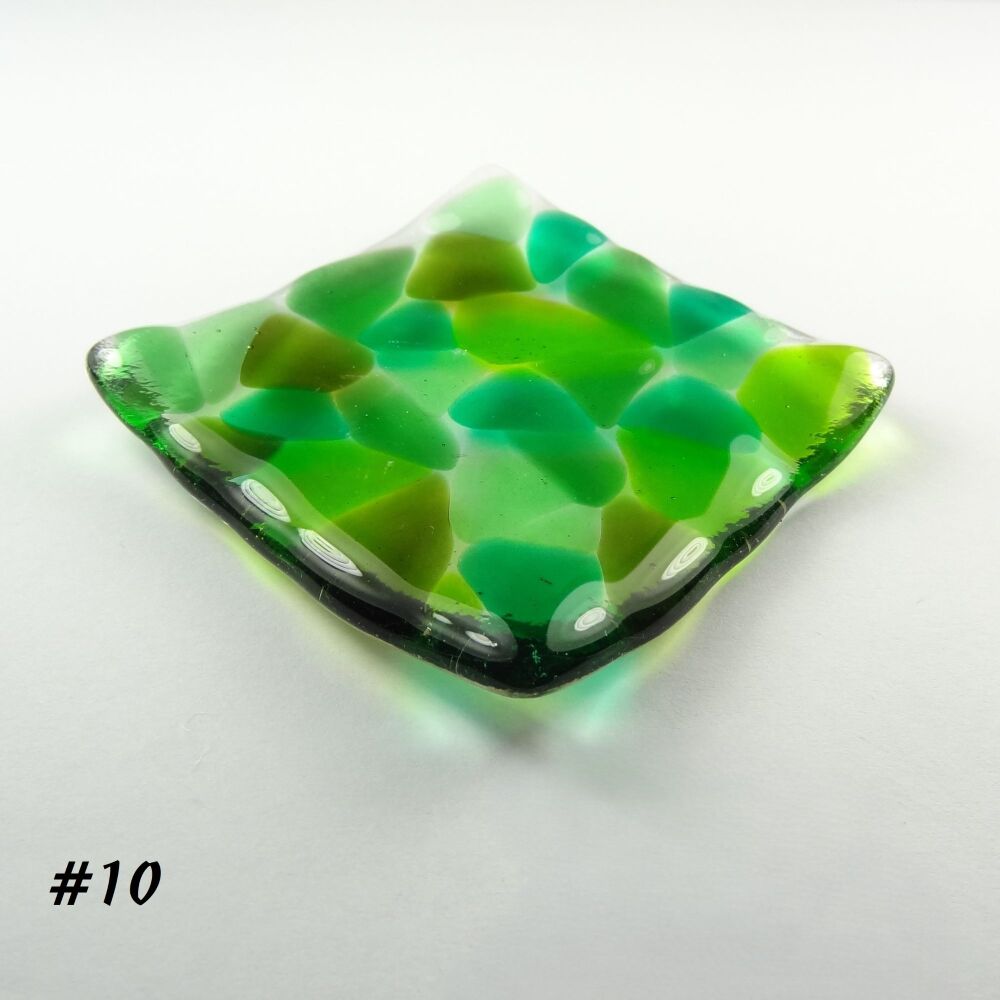 Green mosaic fused glass small shallow trinket ring earring dish, tea light holder or ornament to display - 6.5cm square (#10)