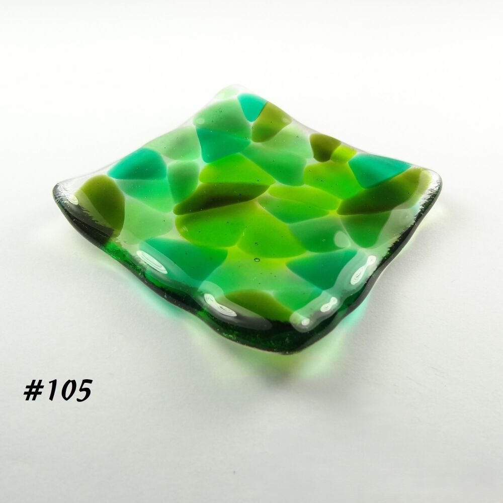 Green mosaic fused glass small shallow trinket ring earring dish, tea light holder or ornament to display - 6.5cm square (#105)