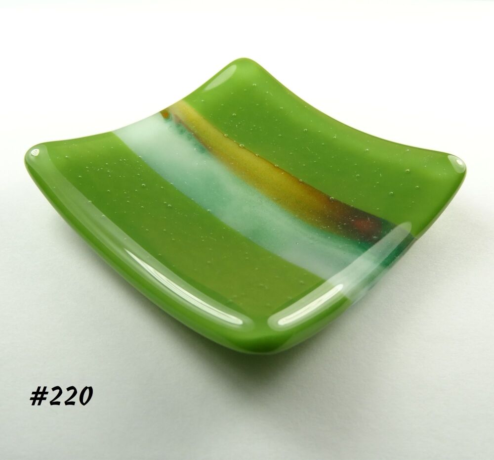 Handcrafted streaky green fused glass shallow trinket dish, tea light holder, or ornament to display (#220)