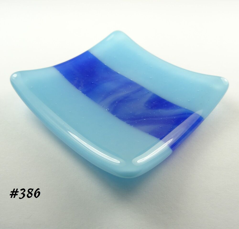Handcrafted streaky blue fused glass shallow trinket dish, tea light holder, or ornament to display (#386)