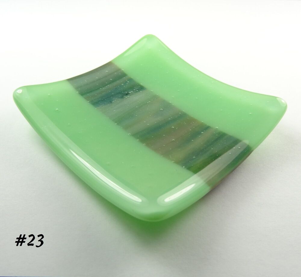 Handcrafted streaky green fused glass shallow trinket dish, tea light holder, or ornament to display (#23)