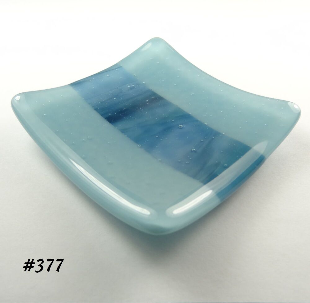 Handcrafted streaky blue fused glass shallow trinket dish, tea light holder, or ornament to display (#377)