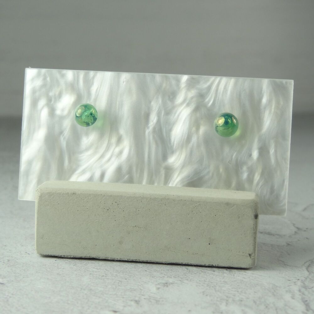Handcrafted 5mm green fused glass stud earrings with surgical steel posts/backs, in a gift box (HC#28)