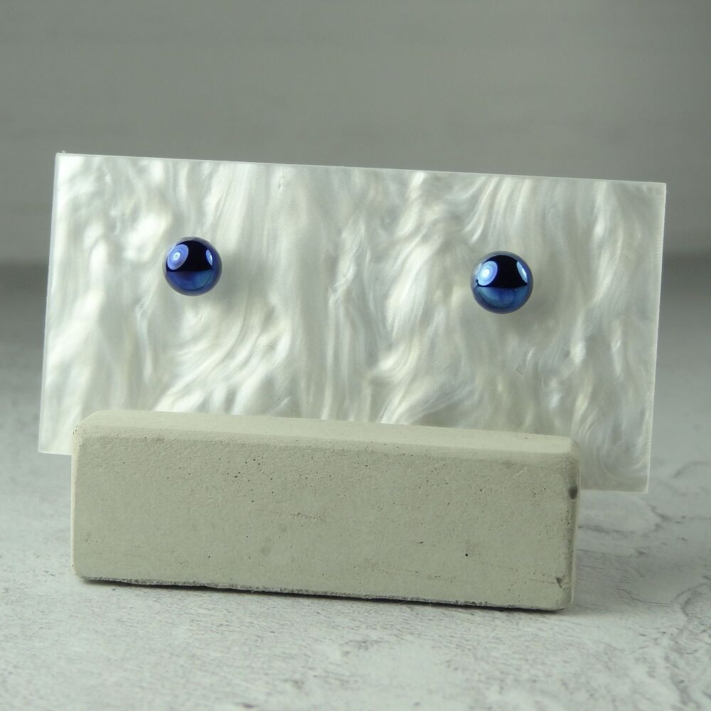 Handcrafted 5mm dark blue fused glass stud earrings with surgical steel posts/backs, in a gift box (HC#170)