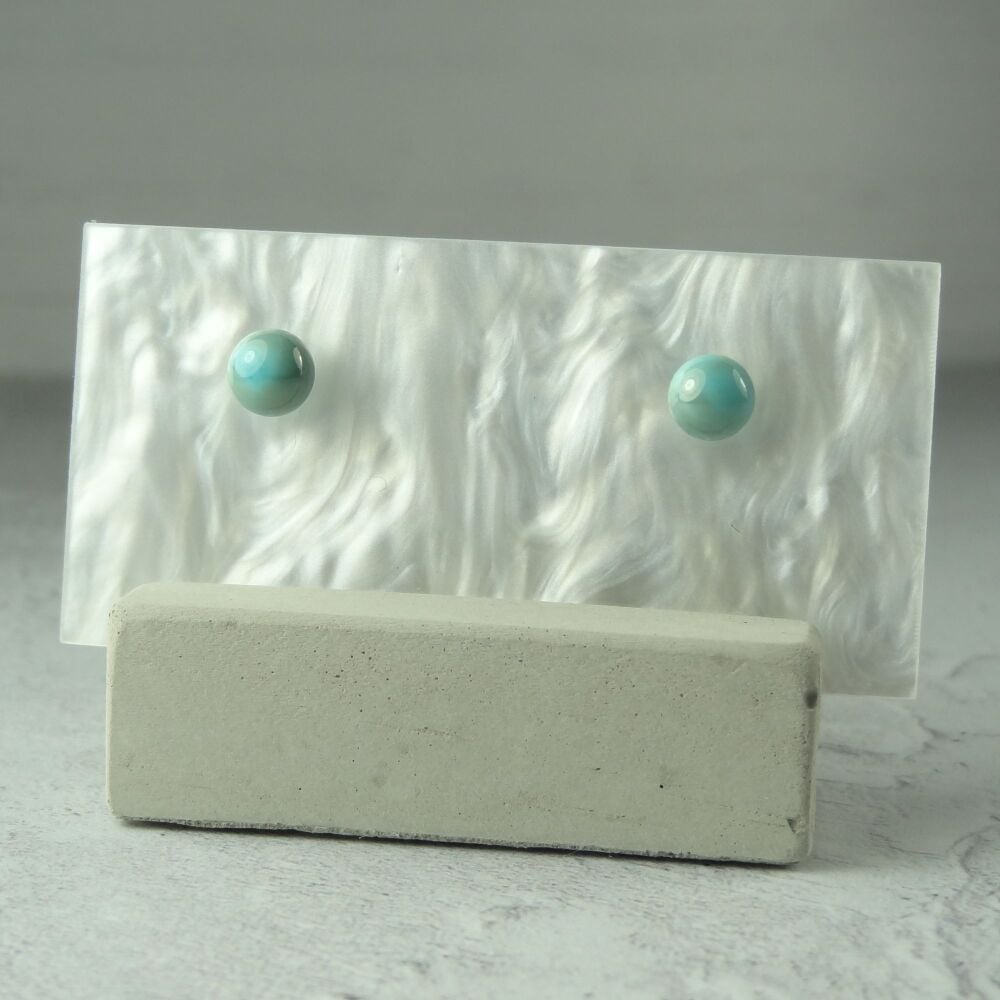 Handcrafted 5mm blue & grey fused glass stud earrings with surgical steel posts/backs, in a gift box (HC#68)