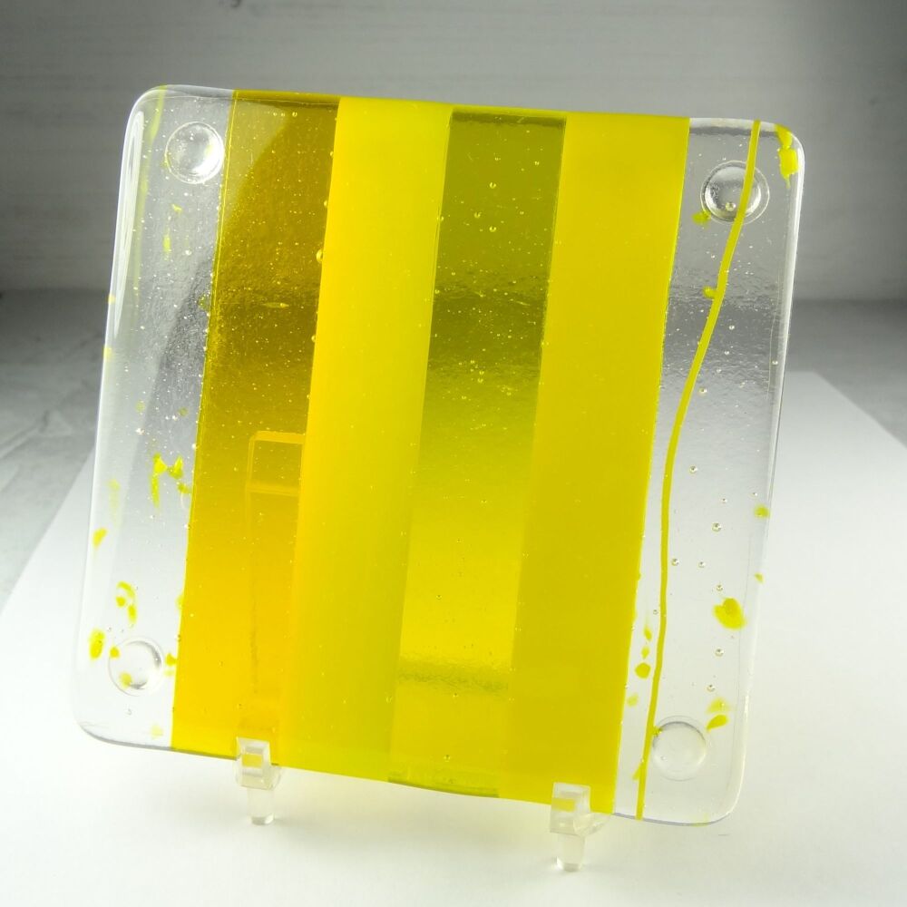 Handcrafted fused glass yellow striped coaster, with bumper feet, 9cm (#25)