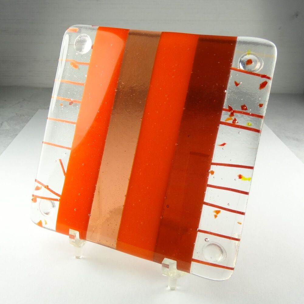 Handcrafted fused glass orange striped coaster, with bumper feet, 9cm (#16)