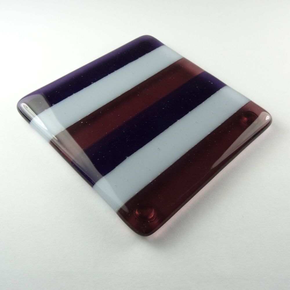 Handcrafted fused glass purple striped coaster, with bumper feet, 9cm (#132)