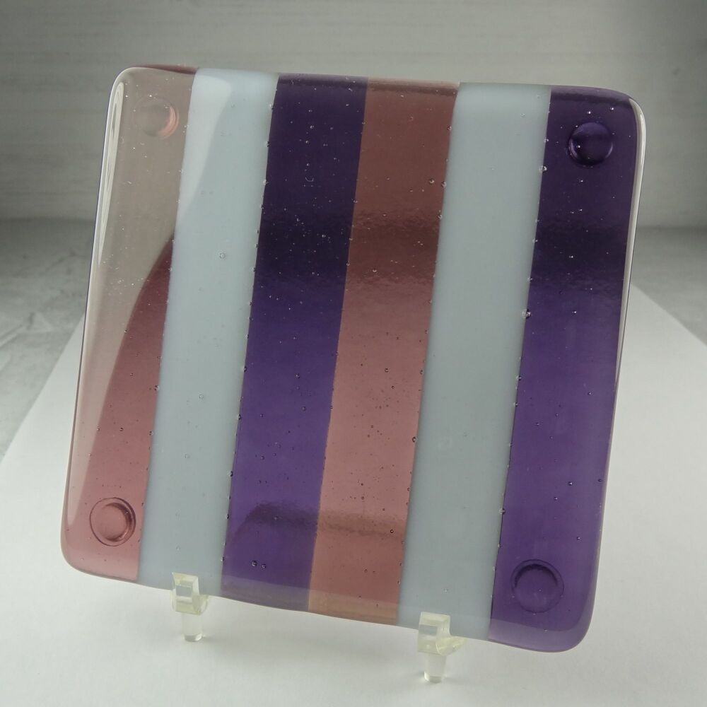 Handcrafted fused glass purple striped coaster, with bumper feet, 9cm (#132)