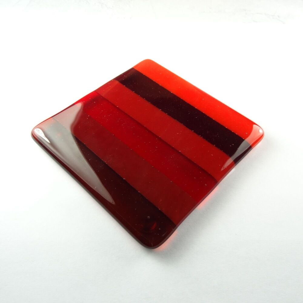 Handcrafted fused glass red striped coaster, with bumper feet, 9cm (#77)