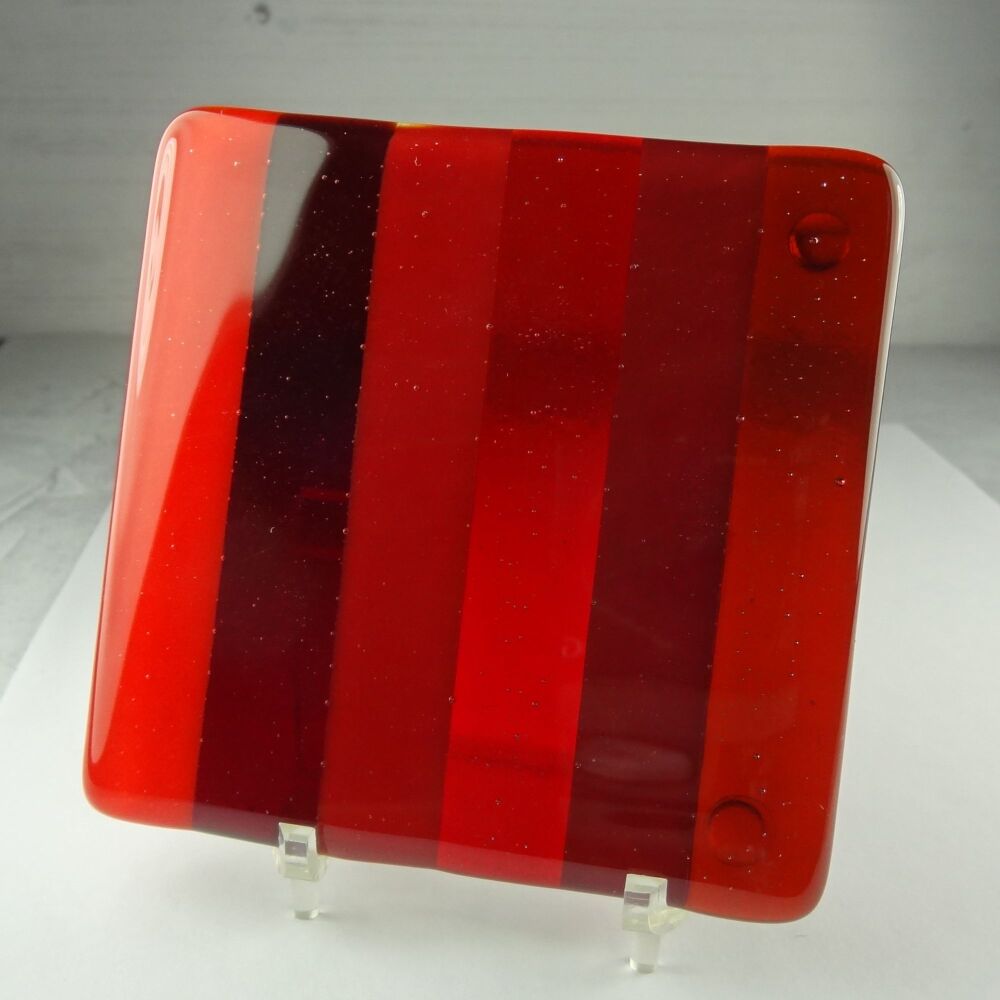 Handcrafted fused glass red striped coaster, with bumper feet, 9cm (#77)