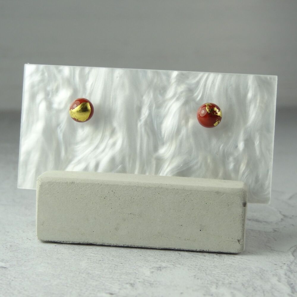 Handcrafted 5mm red with gold leaf fused glass stud earrings with surgical steel posts/backs, in a gift box (#70)