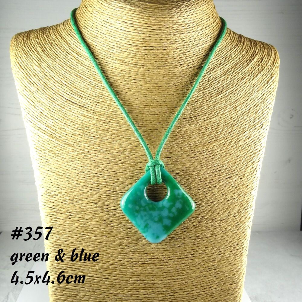 Handcrafted green & blue speckled fused glass rhombus/diamond shaped pendant on a waxed cotton cord with lobster clasp (#357)
