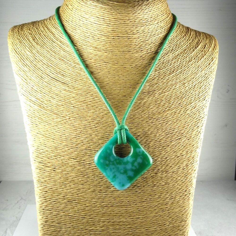 Handcrafted green & blue speckled fused glass rhombus/diamond shaped pendant on a waxed cotton cord with lobster clasp (#357)
