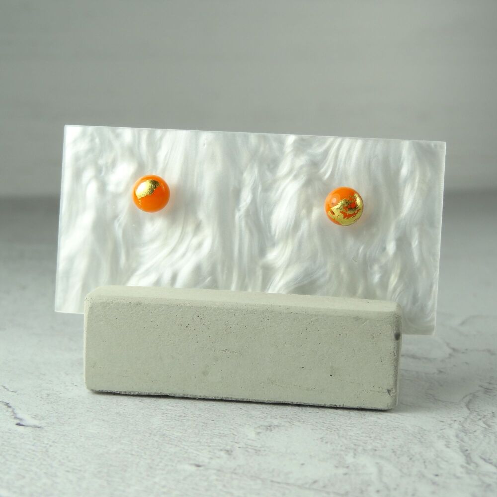 Handcrafted 5mm orange with gold leaf fused glass stud earrings with surgical steel posts/backs, in a gift box (#263)