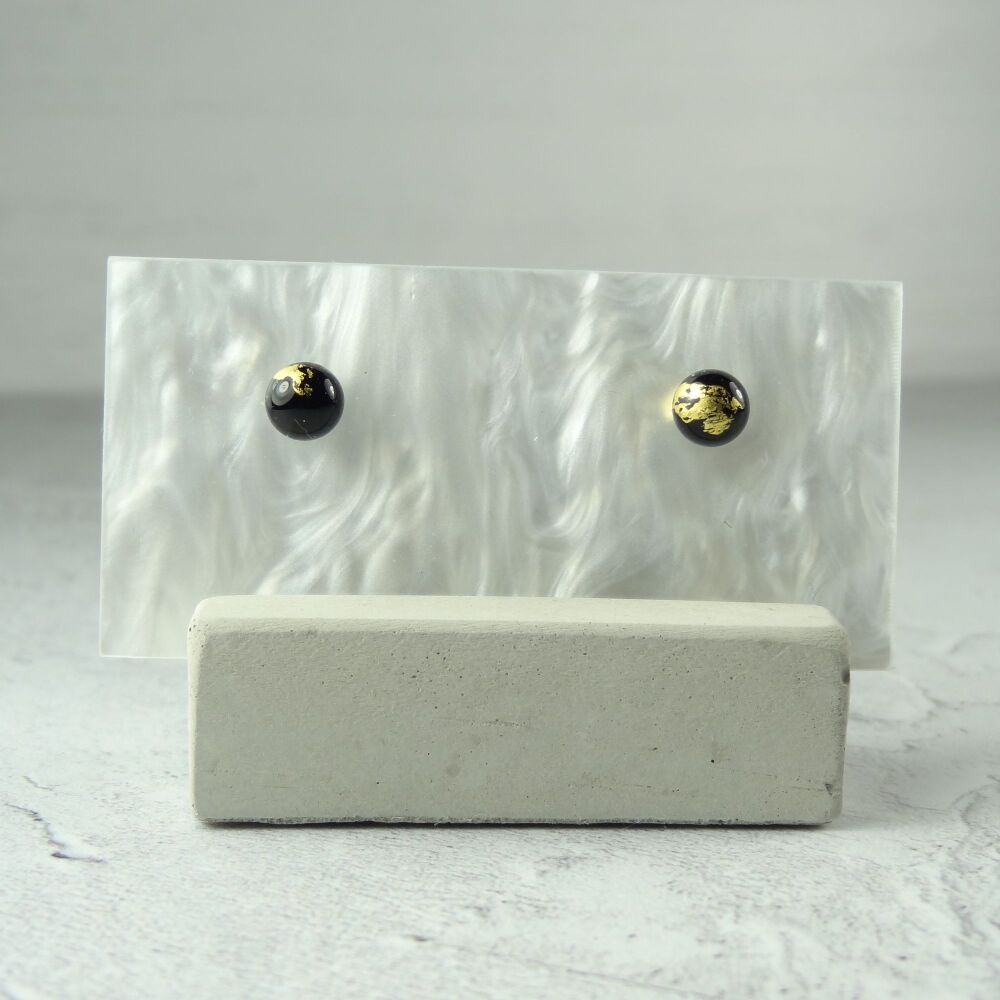Handcrafted 5mm black with gold leaf fused glass stud earrings with surgical steel posts/backs, in a gift box (#281)