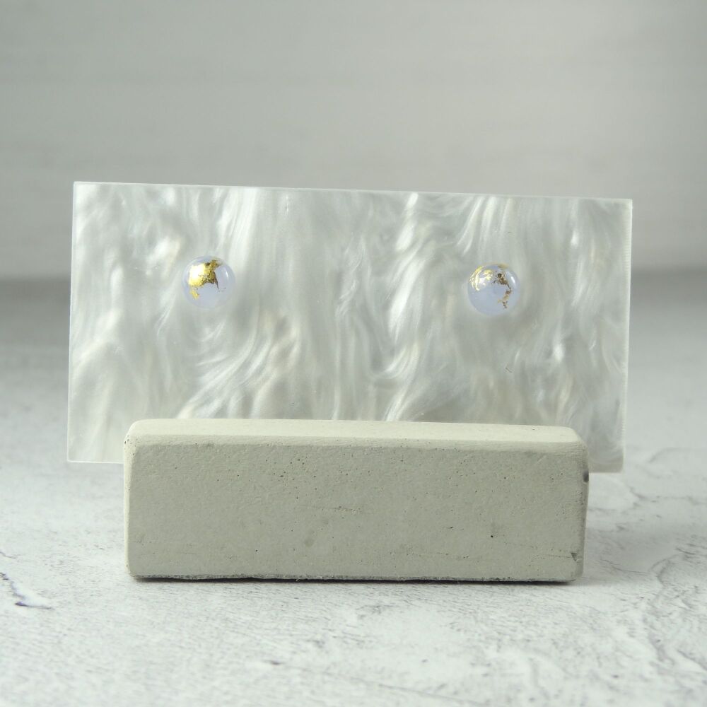 Handcrafted 5mm pale purple with gold leaf fused glass stud earrings with surgical steel posts/backs, in a gift box (#119)