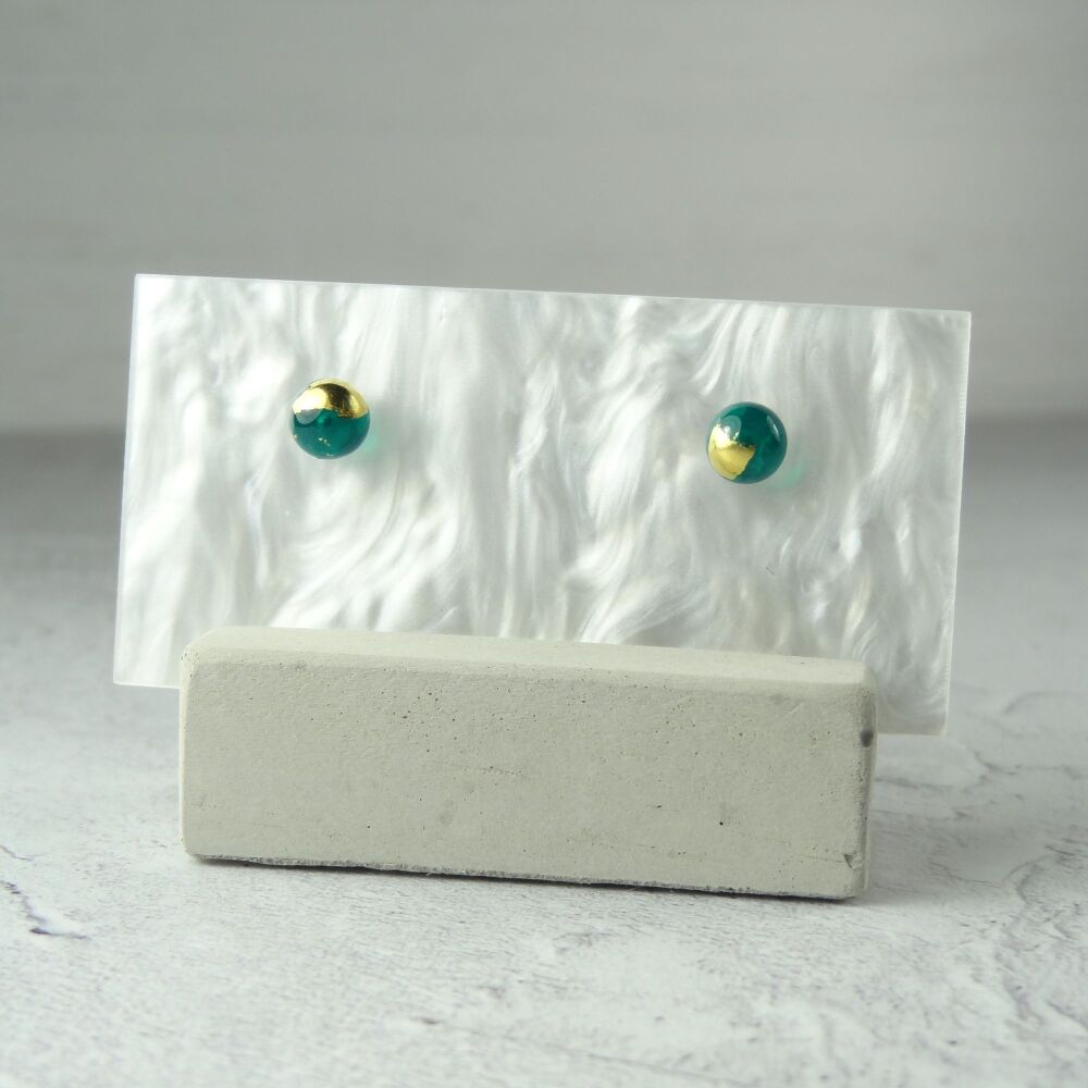 Handcrafted 5mm green with gold leaf fused glass stud earrings with surgical steel posts/backs, in a gift box (#278)