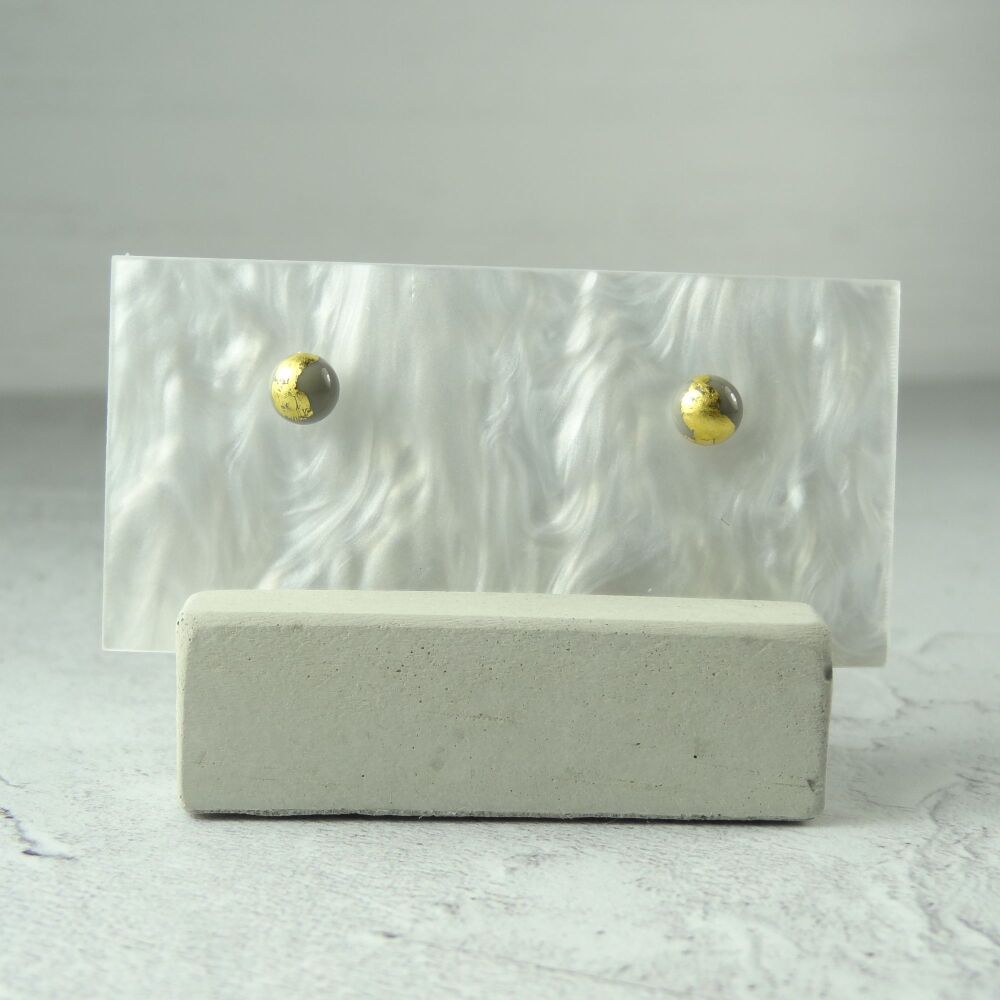 Handcrafted 5mm grey with gold leaf fused glass stud earrings with surgical steel posts/backs, in a gift box (#421)