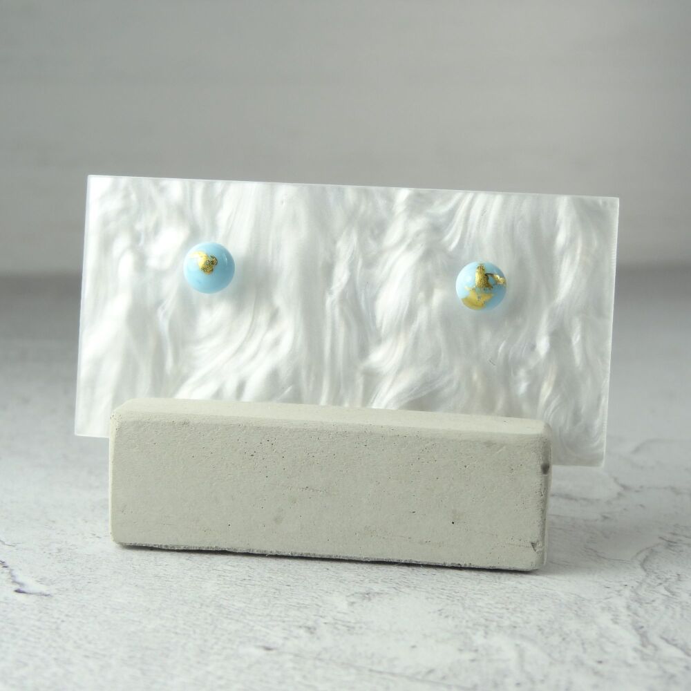 Handcrafted 5mm light blue with gold leaf fused glass stud earrings with surgical steel posts/backs, in a gift box (#182)