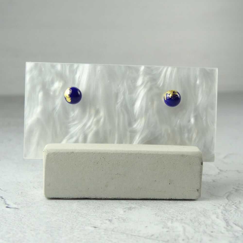 Handcrafted 5mm dark blue with gold leaf fused glass stud earrings with surgical steel posts/backs, in a gift box (#474)