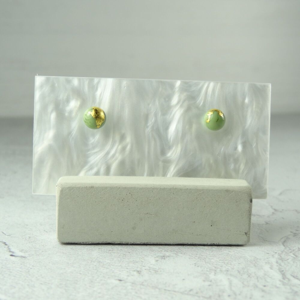 Handcrafted 5mm green with gold leaf fused glass stud earrings with surgical steel posts/backs, in a gift box (#455)