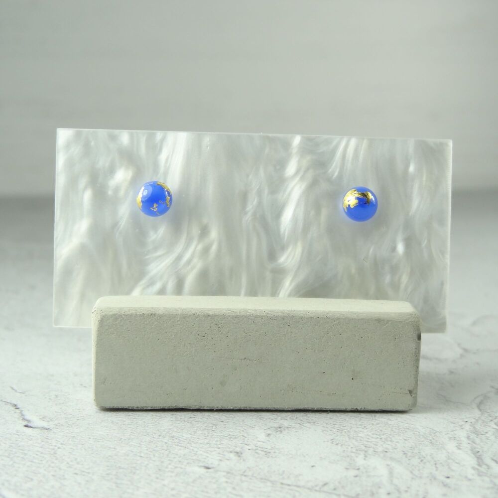 Handcrafted 5mm blue with gold leaf fused glass stud earrings with surgical steel posts/backs, in a gift box (#212)