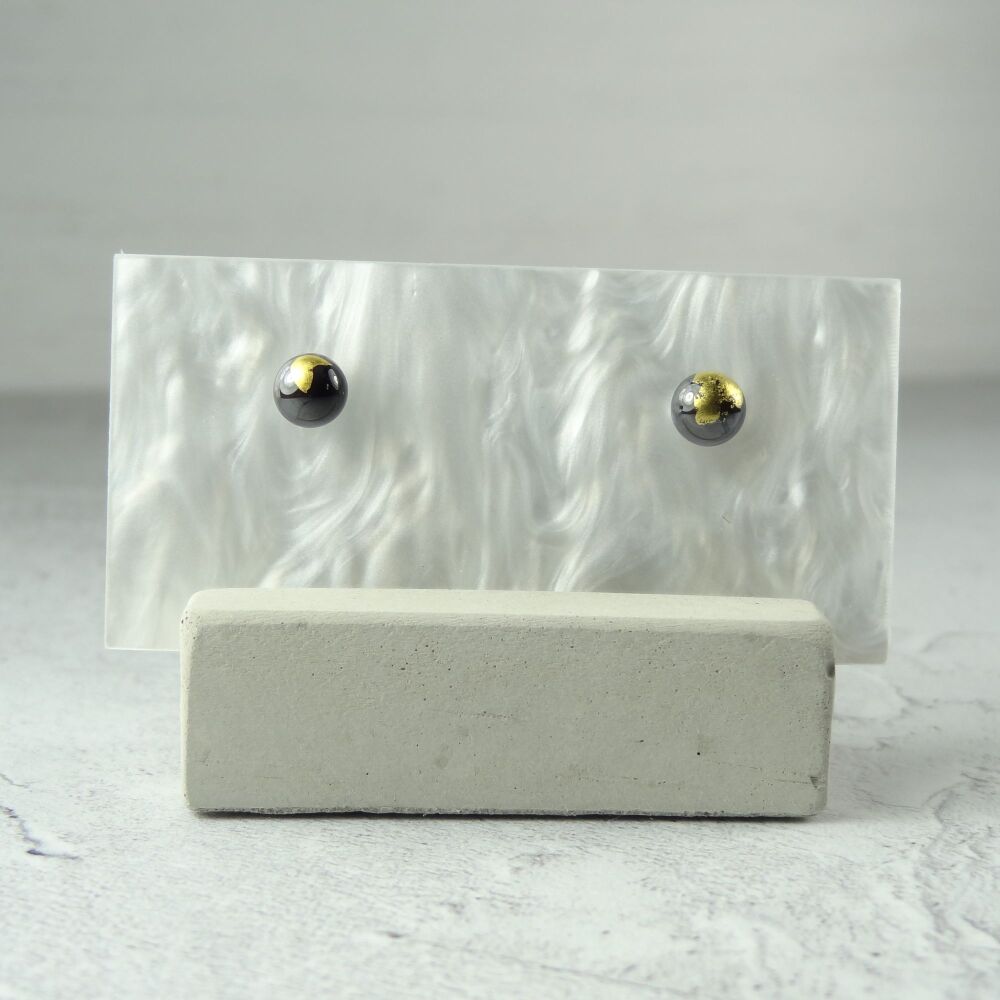 Handcrafted 5mm dark grey with gold leaf fused glass stud earrings with surgical steel posts/backs, in a gift box (#447)