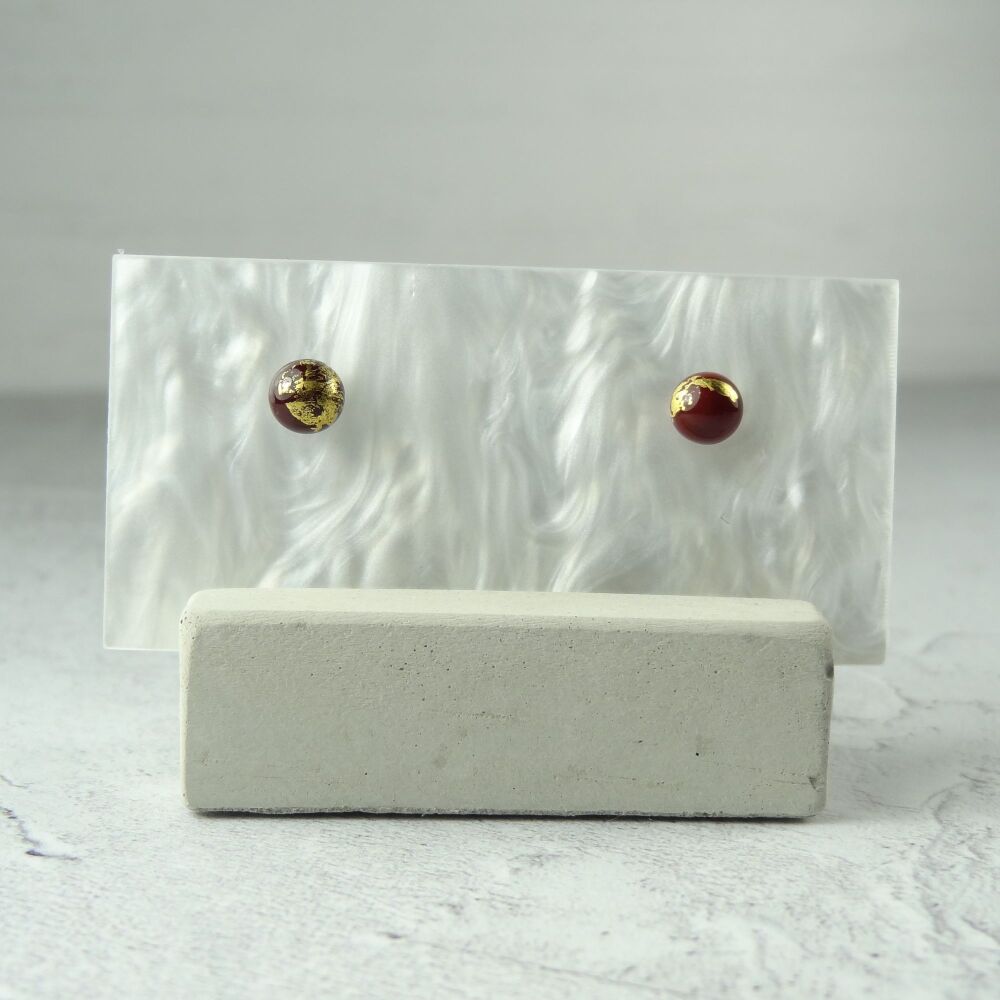 Handcrafted 5mm dark red with gold leaf fused glass stud earrings with surgical steel posts/backs, in a gift box (#413)