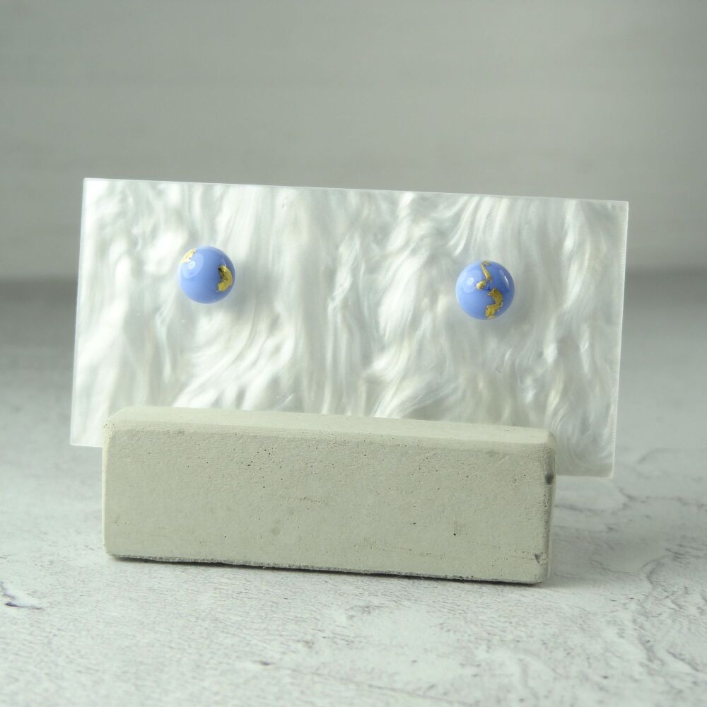 Handcrafted 6mm blue with gold leaf fused glass stud earrings with surgical steel posts/backs, in a gift box (#7)