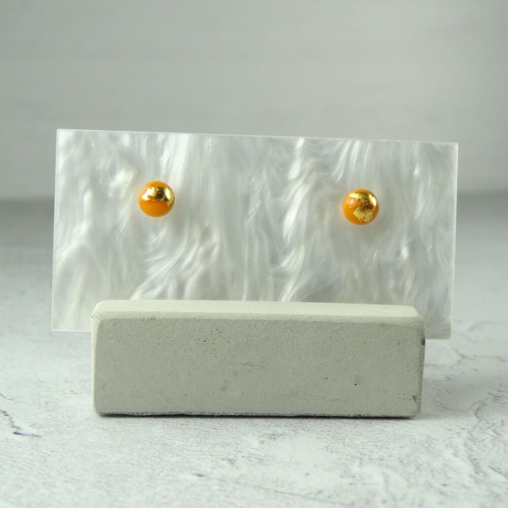 Handcrafted 5mm orange with gold leaf fused glass stud earrings with surgical steel posts/backs, in a gift box (#418)