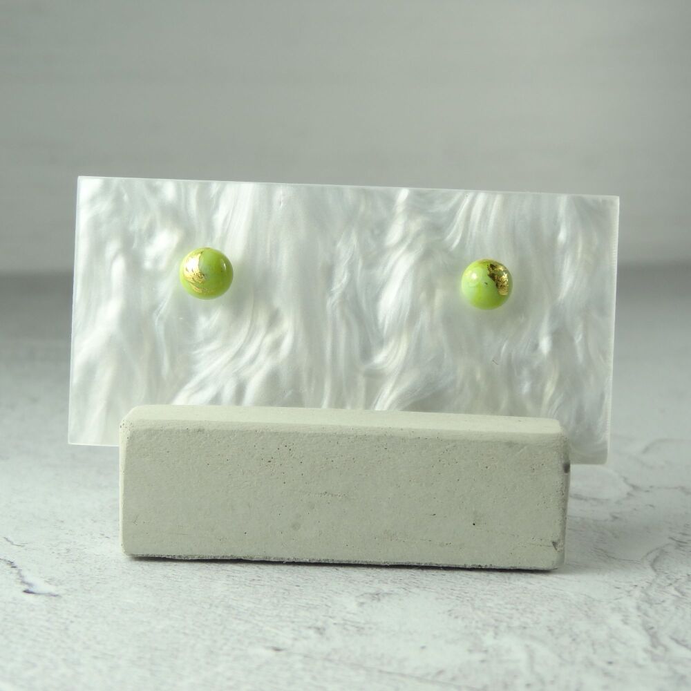 Handcrafted 5mm green with gold leaf fused glass stud earrings with surgical steel posts/backs, in a gift box (#354)