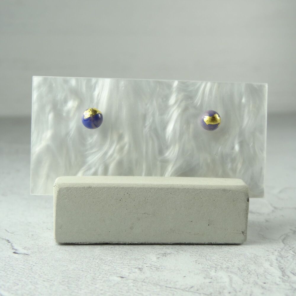 Handcrafted 5mm purple & blue with gold leaf fused glass stud earrings with surgical steel posts/backs, in a gift box (#8)