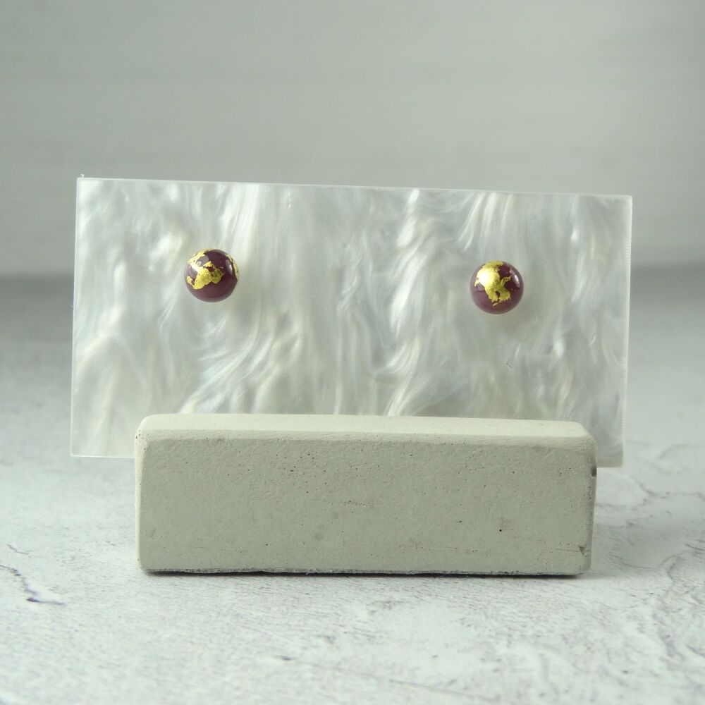 Handcrafted 5mm purple with gold leaf fused glass stud earrings with surgical steel posts/backs, in a gift box (#416)