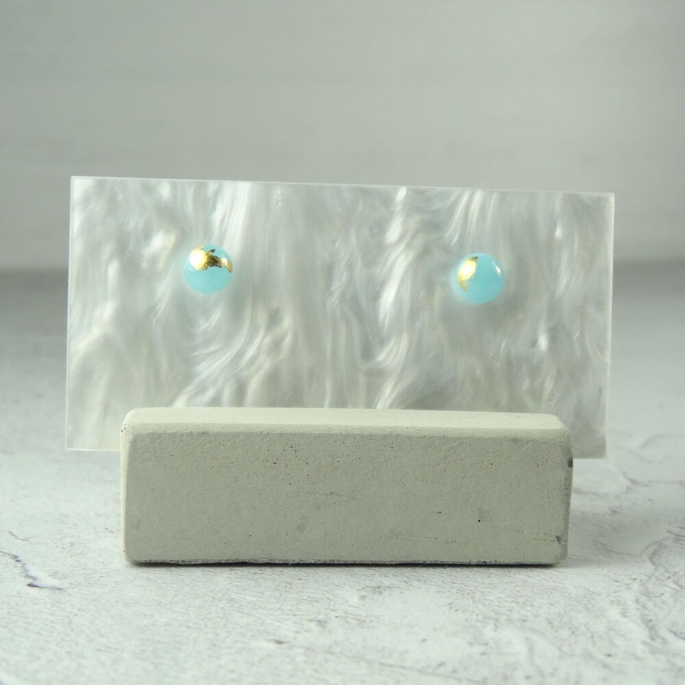 Handcrafted 5mm light blue with gold leaf fused glass stud earrings with surgical steel posts/backs, in a gift box (#215)
