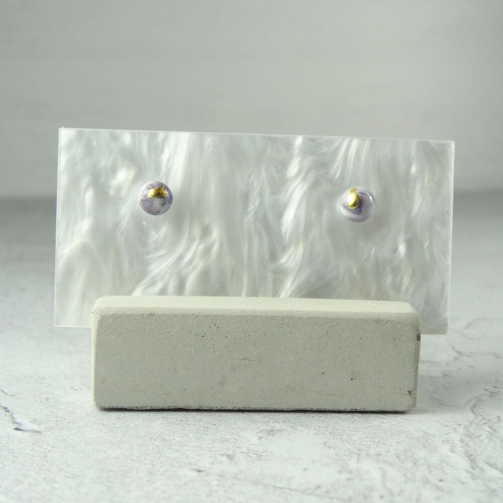 Handcrafted 5mm purple & white with gold leaf fused glass stud earrings with surgical steel posts/backs, in a gift box (#422)
