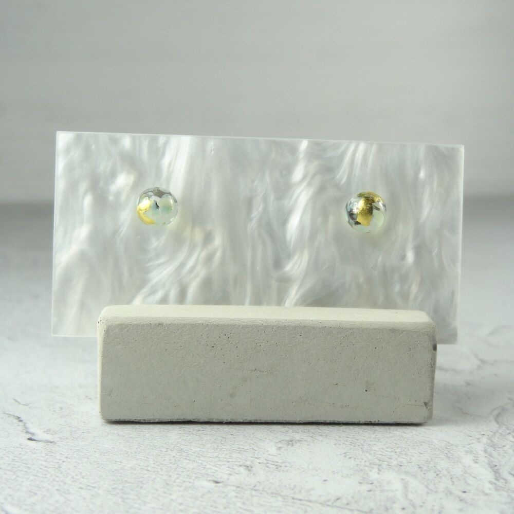 Handcrafted 6mm clear white & grey with gold leaf fused glass stud earrings with surgical steel posts/backs, in a gift box (#11)