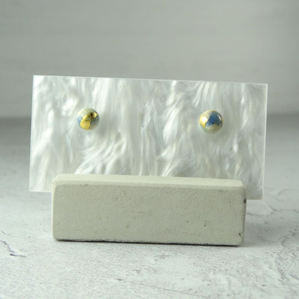 Handcrafted 5mm blue white cream with gold leaf fused glass stud earrings with surgical steel posts/backs, in a gift box (#334)