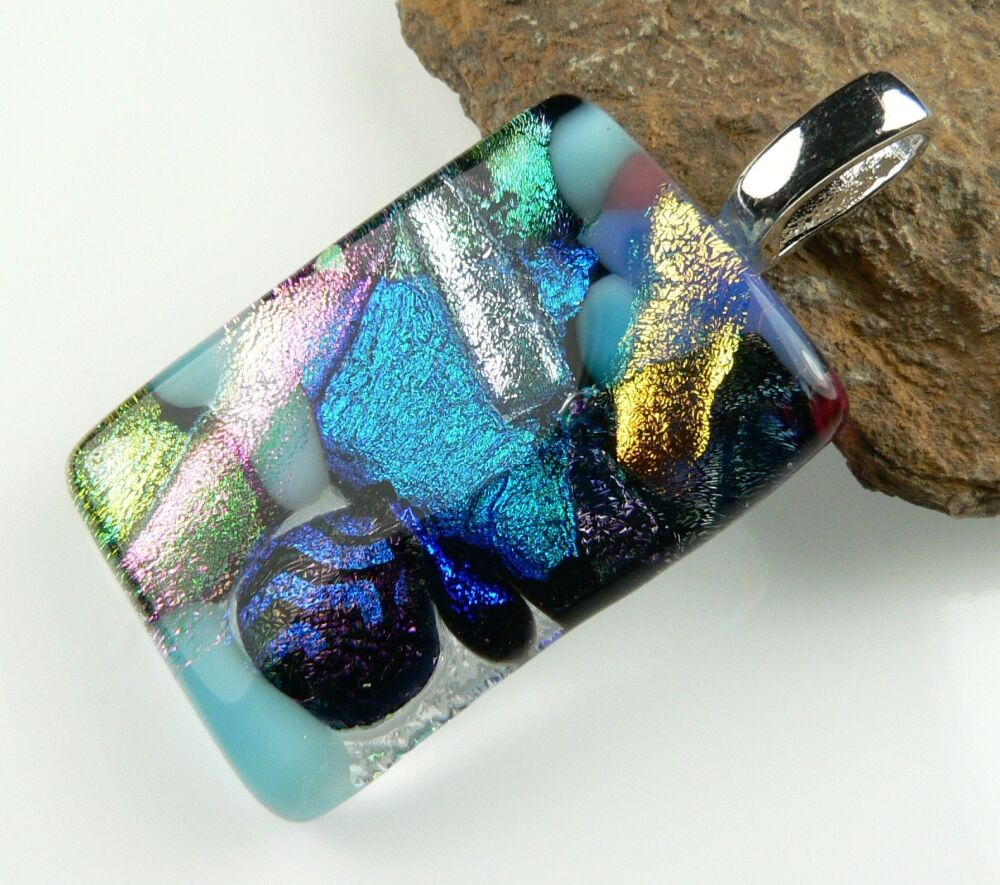 Handcrafted 4.3cm multi-coloured Dichroic glass pendant, with leather cord & gift box (#9063)