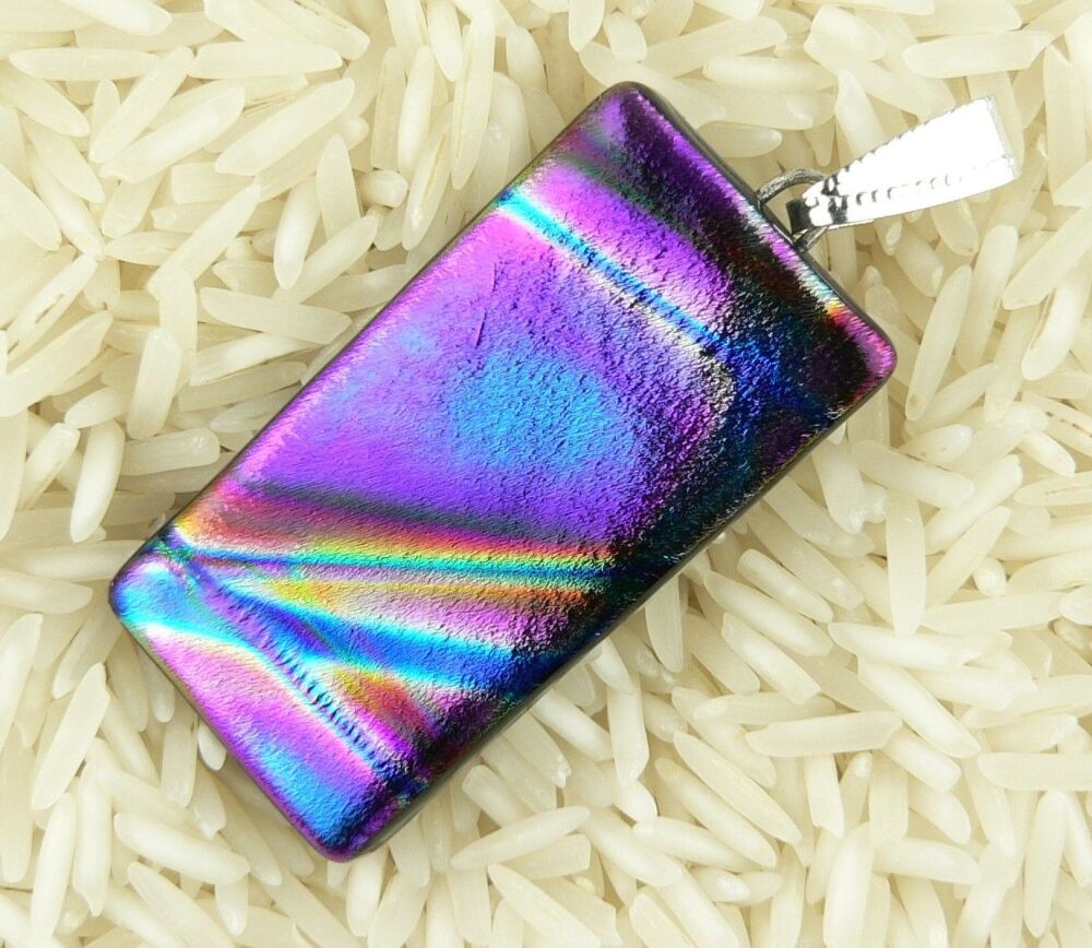 Handcrafted 4.7cm multi-coloured Dichroic glass pendant, with leather cord & gift box (#20895)