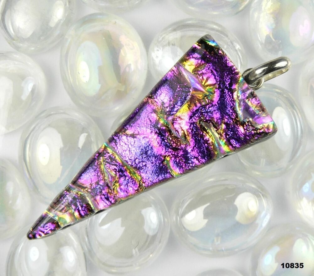 Handcrafted 4.9cm pinky-purple Dichroic glass pendant, with leather cord & gift box (#10835)