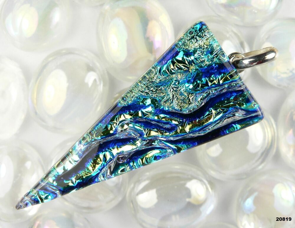 Handcrafted 5.1cm blue green Dichroic glass pendant, with leather cord & gift box (#20819)