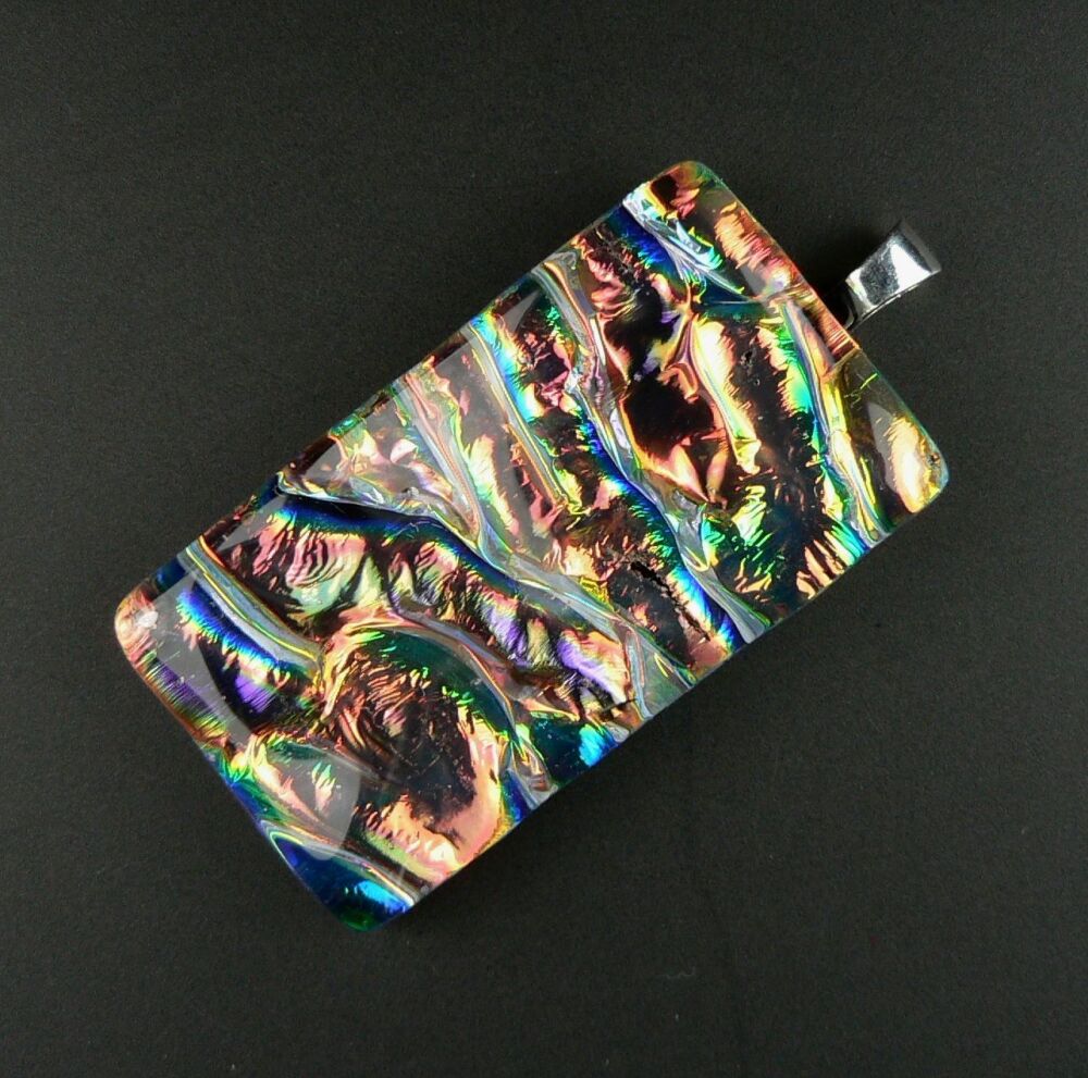 Handcrafted 4.3cm multi-coloured Dichroic glass pendant, with leather cord & gift box (#20825)