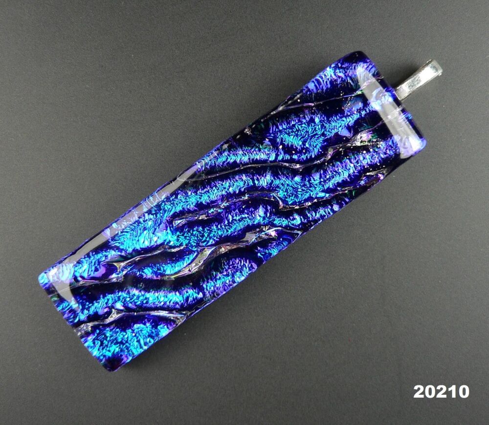 Handcrafted 6.6cm blue veined Dichroic glass pendant, with leather cord & gift box (#20210)