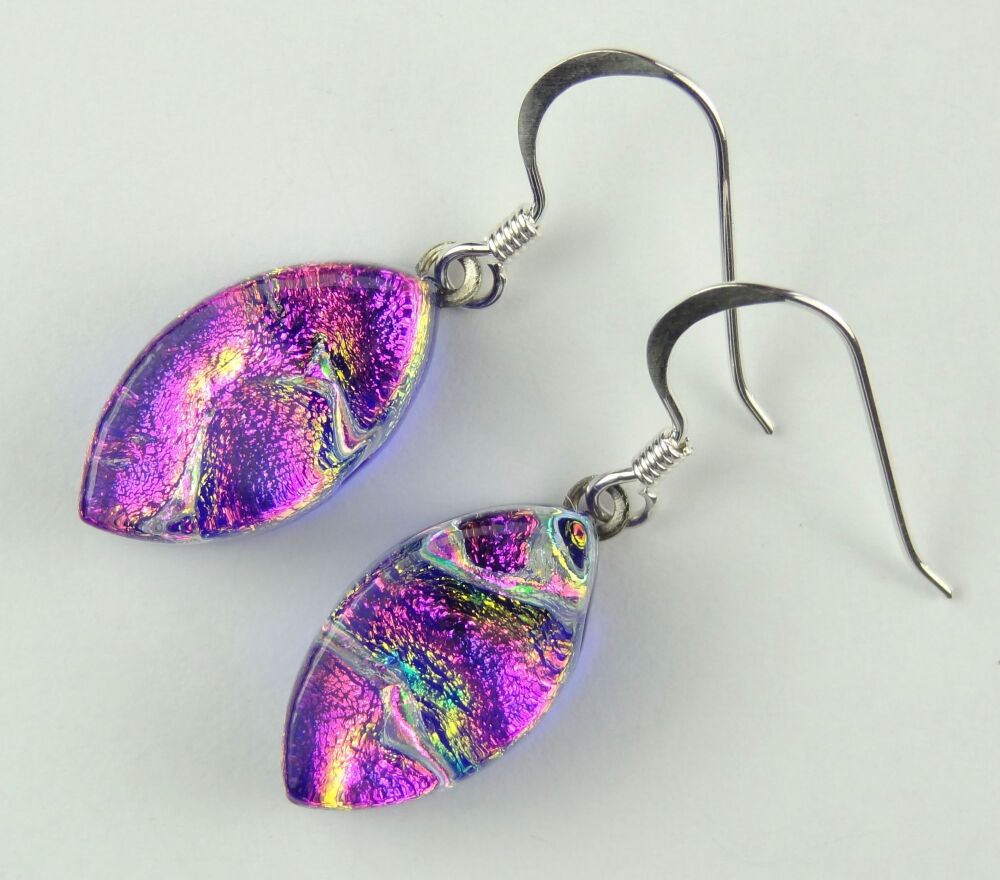 Handcrafted pink-ish genuine Dichroic glass oval drop earrings with sterling silver wires (#10981)