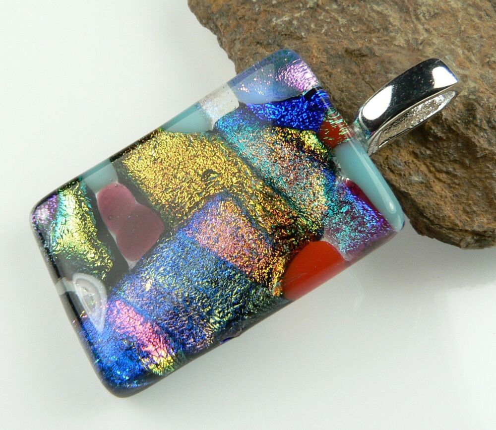Handcrafted 4.1cm multi-coloured Dichroic glass pendant, with leather cord & gift box (#8939)