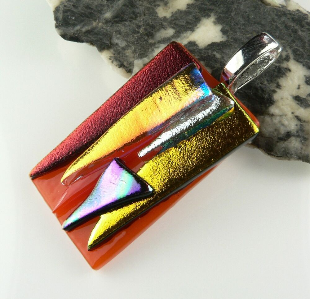 Handcrafted 4.6cm textured Dichroic glass pendant, with leather cord & gift box (#30006)