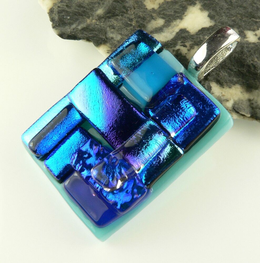 Handcrafted 4.2cm blue textured Dichroic glass pendant, with leather cord & gift box (#30479)